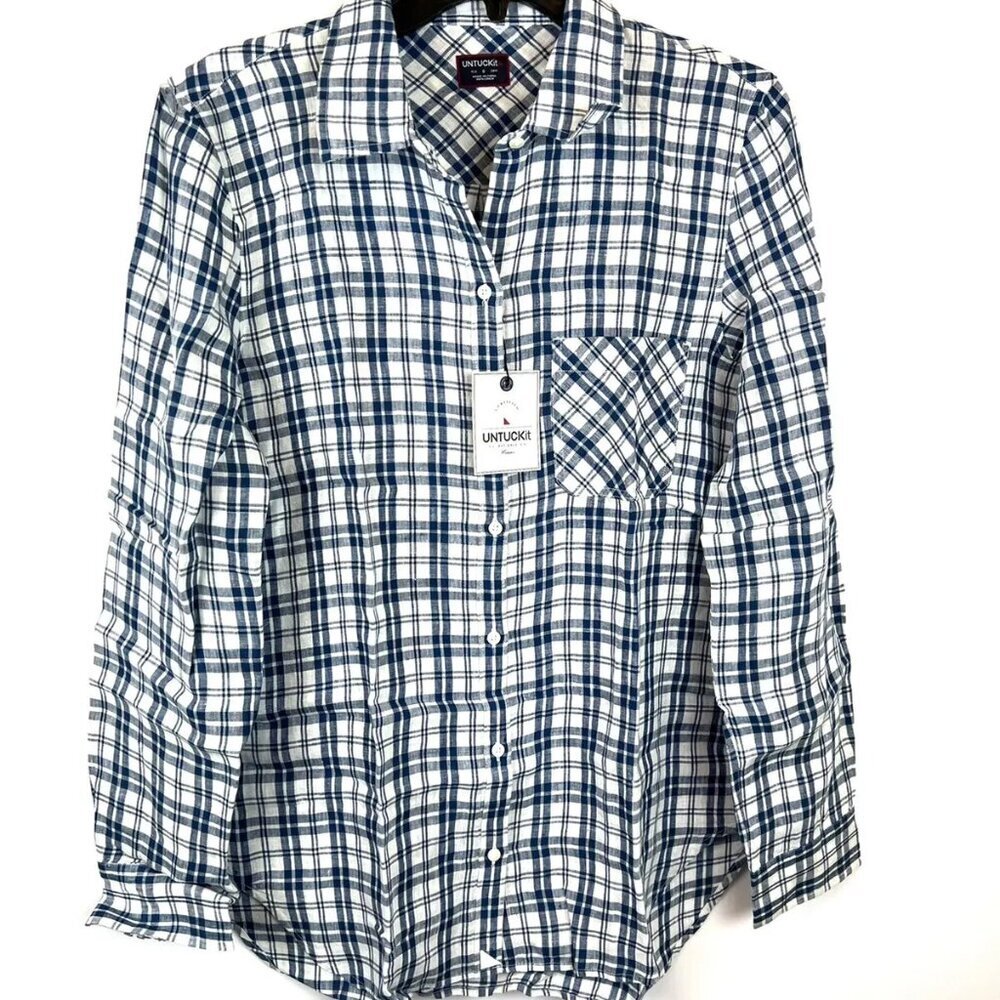 Untuckit Women’s Blue/White Plaid Relaxed Fit Long Sleeve Button Up Shirt Size 8
